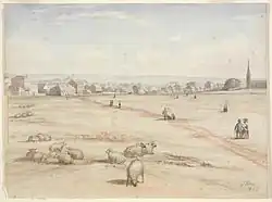 A watercolour showing the church in the distance with several buildings. Sheep are grazing in the foreground.
