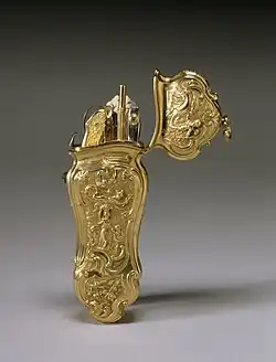 English, c. 1750, Etui or Toilet Case in gold with Scenes from the "Metamorphoses", "contains a silver-and-gold folding knife, a pair of scissors, a gold bodkin and pencil, a pair of steel tweezers, and an ivory writing tablet".