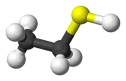 Ball-and-stick model of the ethanethiol molecule
