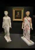 Experimental color reconstruction of the so-called Winckelmann-Artemis from Pompeii next to the original marble statue, Frankfurt Liebieghaus