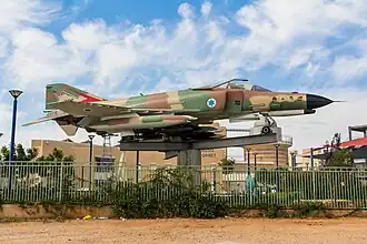 An F-4E Phantom II Kur­nass, also of 201 Squadron "The One" from 1969, now at the Giv'at Olga Technoda