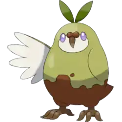 An illustration of a green and brown parrot-like creature with leaves sprouting from its head.