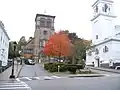 First Parish is at the rear, while the white church to the right is the Church of the Pilgrimage