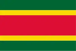 Equal-sized thick green layer at bottom and top, equal-sized thin yellow layer below the top and above the bottom, a maroon layer in the middle