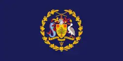 A navy blue flag with a seal in the center.