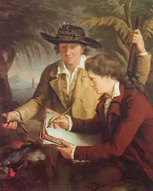 Painting of an older man holding a bird and a younger man drawing