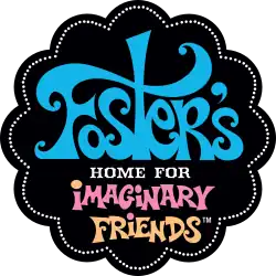 A black circle with curves and white dots is under the series' logo, which has a light blue color for the word "Foster's", light pink for "Imaginary", and light orange for "Friends." The words "Home for" are in white.