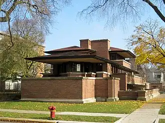 Facade of the Robie House as seen from the southwest