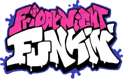 The Friday Night Funkin' logo. It has a blue outline with splatter-like shapes in several areas. The text "Friday Night Funkin'" is further outlined in black, and the shiny magenta-pink words "Friday Night" are above the off-white word "Funkin'". In the word "Friday", the dot in the letter i is diamond-shaped and divided with two vertical and two horizontal lines. The text has graffiti-style letters with paint dripping down the bottom of the word "Funkin'" and onto the extended black outline.