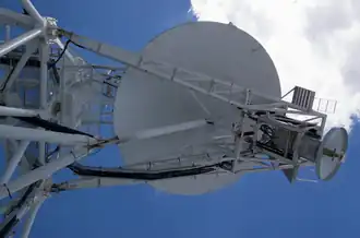 Prime focus receiver enclosed in a cage at the end of the extended boom[19]