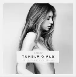 A black-and-white image of a long-haired naked girl with her eyes closed. A white rectangle with both artists' name and the song title covers the girl's breasts.