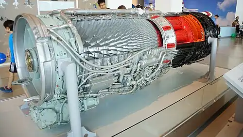 General Electric J79/CJ805 compressor showing, just visible at compressor case horizontal split flange, variable stators, evident by circular end feature for rotation, for starting and low speed running