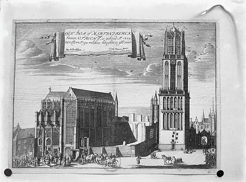View of the choir from the north showing the collapsed nave. Engraving by I. van Vianen, 1697