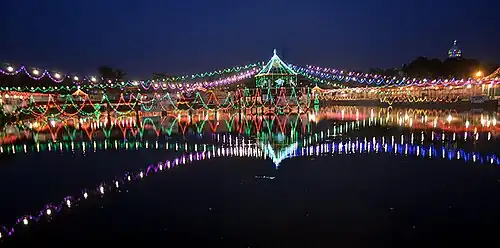 View of decorated Ghadiarwa pond on the occasion of Chhath festival, Birgunj, Nepal
