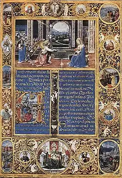 Renaissance putti on a page of Dante's Divine Comedy, by Gherardo di Giovanni del Fora, c. 1474–1476, tempera colors, gold paint, gold leaf, and ink on parchment, Bargello, Florence[11]