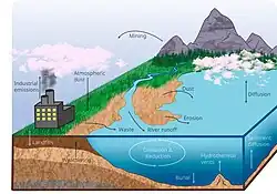 Cartoon diagram of the global manganese cycle with a variety of geographical areas. Arrows show cycling processes and direction of transport.