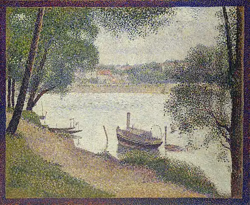 Georges Seurat, Gray Weather, Grande Jatte (1888, 71 × 66&nbsp;cm, oil on canvas, Metropolitan Museum of Art). In a similar manner to the van Ruisdael piece, the tree that takes up the entire right edge of this work is an example of repoussoir.[2]
