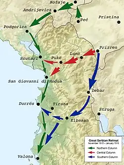 withdrawal directions of the three columns of the Serbian army during the Winter of 1915/16
