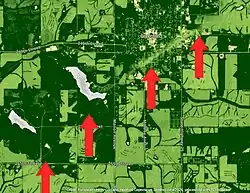 A scar is visible through the southeastern side of Greenfield