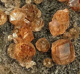 Group of Grossular crystals, largest 1.1&nbsp;cm, from Val-des-Sources, Quebec