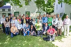 Participants in the “Robert Green Ingersoll and the Reform Imperative” conference and tour pose before the Robert Green Ingersoll Birthplace Museum in Dresden, New York, on August 17, 2014. Photo by Monica Harmsen.