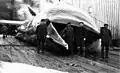Men standing by dead whale at Akutan Harbor whaling station, 1914