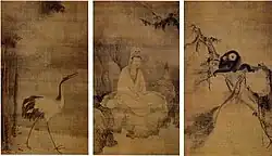 Muqi, Guanyin, Crane, and Gibbons, Southern Song (Chinese), 13th century, set of three hanging scrolls, ink and color on silk, height: 173.9–174.2 cm (68.5–68.6 in), collected in Daitokuji, Kyoto, Japan. Designated National Treasure.