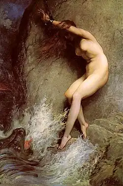 A naked woman chained by the wrists to a large rock by the sea; a sea serpent looking to lunge through crashing waves