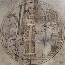 Roundel from Guthlac Roll, 1210: Guthlac builds a chapel at Crowland