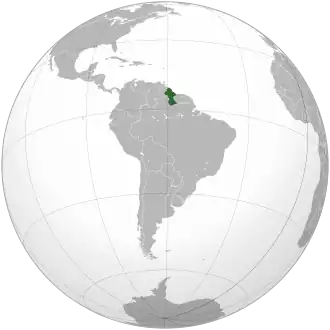 Location of&nbsp;Guyana&nbsp;(green) Location of South America in grey