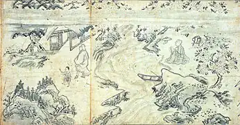 Landscape in wash. Monochrome version of Saigyō Monogatari Emaki&nbsp;[fr], 15th century