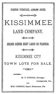 A black and white image of a land sale notice announcing 4 million acres (16,000 km2) purchased by Hamilton Disston; 20,000 acres (81 km2) are up for sale, specifically featuring town lots for sale