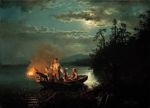 Lystringen, Hans Gude and Adolph Tidemand (Fishing with a harpoon. 1851)