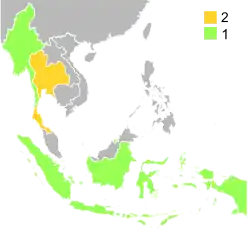 Map shows the number of country which won the trophy by using colour indicator (2002–present).