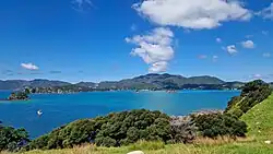 Hat Island (Left, in distance) Mahenotiti Island (Centre) and Te Ao Island (Right) as viewed from Urupukapuka.