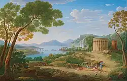Classical Landscape with Figures Seated before a Tempietto; 1748, oil on canvas, 48 × 72&nbsp;cm, private collection.