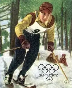 An illustration of Henri Oreiller skiing on snow