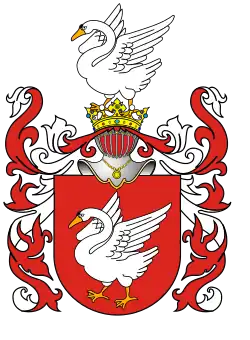 Coat-of-arms of writer Henryk Sienkiewicz's family, a variant of the Polish–Lithuanian coat of arms "Łabędź" (Polish for "Swan").