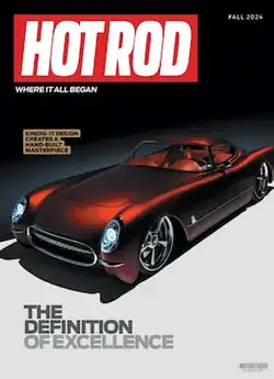 Cover of Hot Rod magazine showing a retro-style car designed by Kindig-It Design with headline THE DEFINITION OF EXCELLENCE