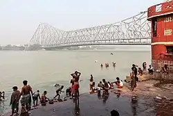 Howrah Bridge seen from Chotelal Ki Ghat, Kolkata, India.
