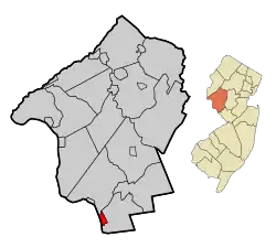 Location of Lambertville in Hunterdon County highlighted in red (left). Inset map: Location of Hunterdon County in New Jersey highlighted in orange (right).