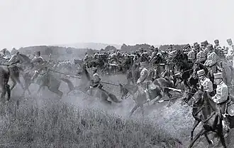 A charge of German hussars during the Kaisermanöver ("Imperial Maneuvers") of 1912: The German Emperor appreciated the massive cavalry charges, which impressed the military attachés. The German army had eleven cavalry divisions, but they were spread over two fronts.