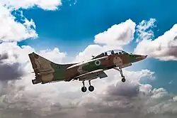 A TA-4H Skyhawk Ayit two-seater jet trainer of 102 Squadron "Flying Tiger" landing on Hatzerim Airbase in 2008