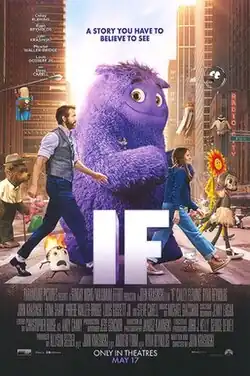 Poster featuring various creatures, a girl, and a man walking across a street.