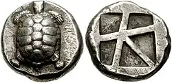 Aegina coin type, incuse skew pattern. Circa 456/45-431 BCE.[34]