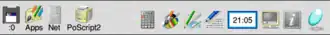 Screenshot of the icon bar under RISC OS 5 showing the following: Left portion, from left – Discs (in this case a single USB flash drive via SCSIFS), Apps folder (Resources:$.Apps), OmniClient (Network Filer), Printers, Right portion, from right – Task Manager, Help, Display Manager, Alarm, Edit, Draw, Paint, SciCalc