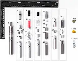 An image of various kinds of cannabis vape pen components and the various forms of cannabis that can be used in them