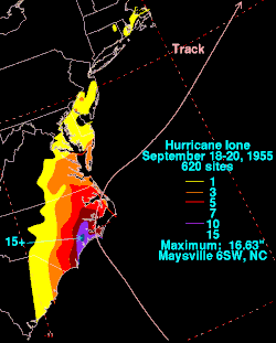 A rainfall graphic showing the eastern seaboard of the eastern seaboard of the United States. There is a track line entering central North Carolina then curves to the Northeast and the track line exits the coast near the Virginia border. The highest rainfall amounts, 15 inches (380&nbsp;mm), are to the southeast of the track. The further southwest and north you go the lesser the rainfall amounts in those areas.