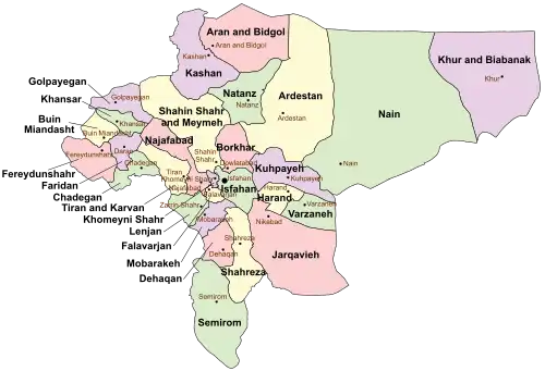 Location of Shahinshahr County in Isfahan province (top left, yellow)
