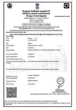 J Jayalalithaa Death Certificate